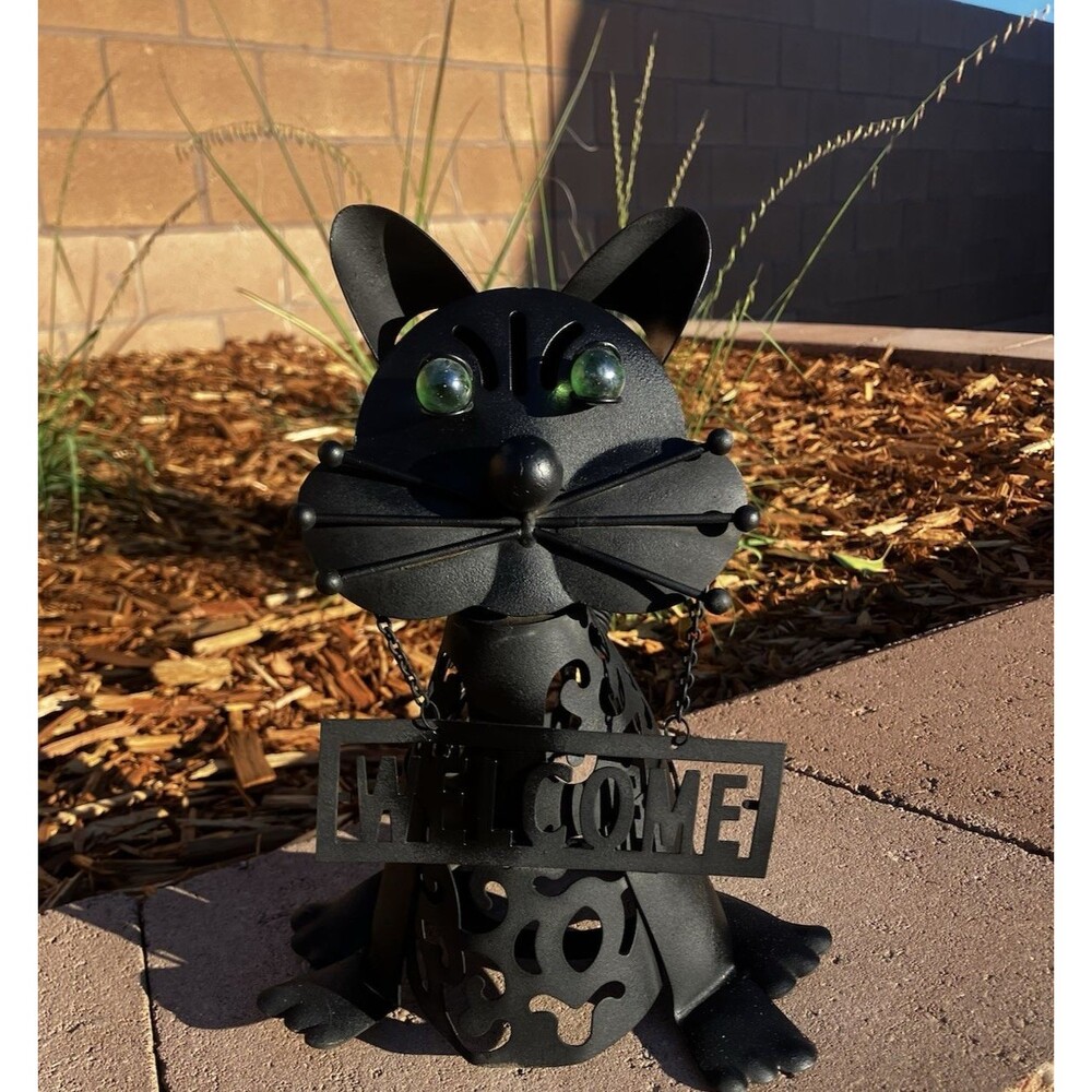 12” Heavy Cast Metal Black Cat Welcome Sign Green Marble eyes Candle Area